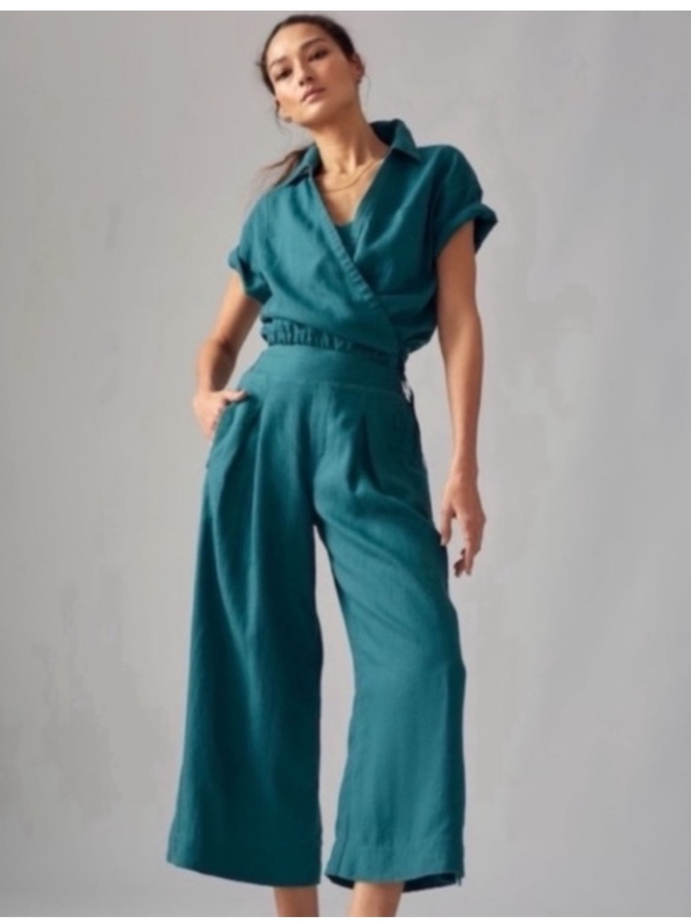 Athleta Playa Wide Leg Crop Linen‎ Pants Borealis Green Size 4